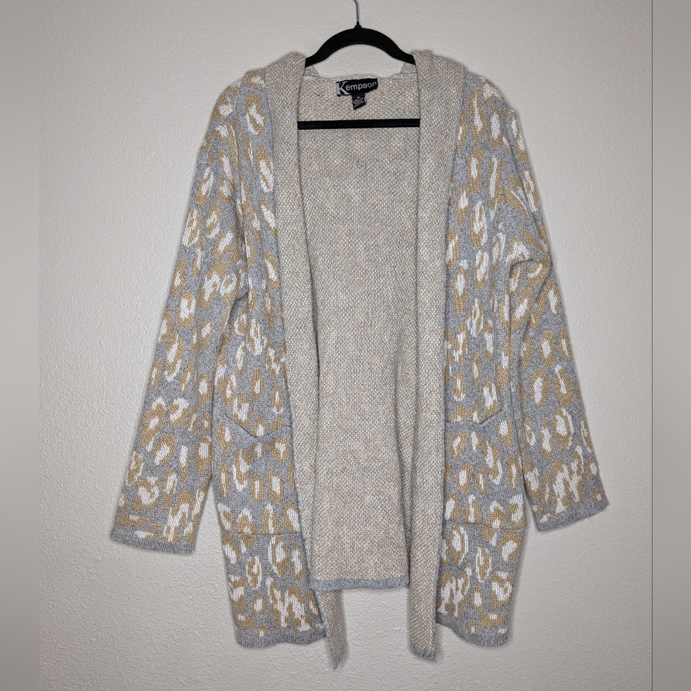Kempson Womens Gray Leopard Cheetah Print Open Hooded Cardigan Sweater XL